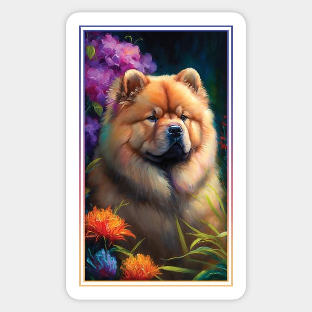 Chow Chow Dog Vibrant Tropical Flower Tall Digital Oil Painting Portrait 2 Sticker by ArtHouseFlunky